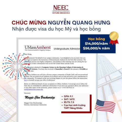 Chúc mừng bạn Nguyễn Quang Hưng đã nhận được Visa Du học Mỹ & học bổng cho kỳ Thu 2022